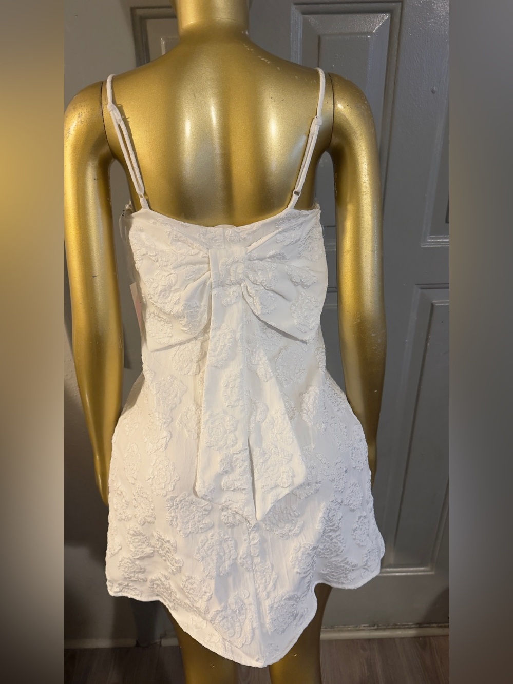 Crystal Doll White Lace Bow-Back Spaghetti Strap Mini Dress